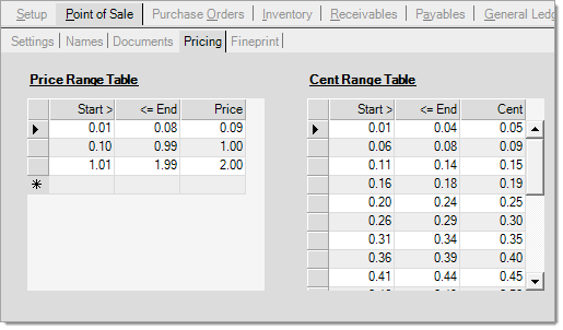 Main Menu > Maintenance > Database > Parameters, Point of Sale, Pricing