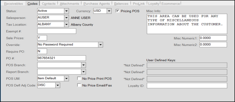 Main Menu > Point of Sale or Receivables > Database > Account, Codes