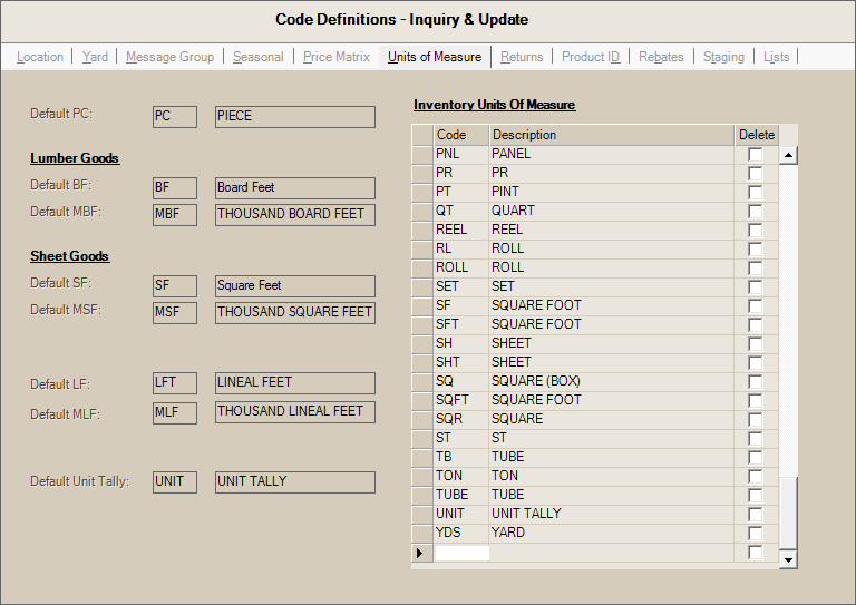 Main Menu > Inventory > Database > Code Definitions