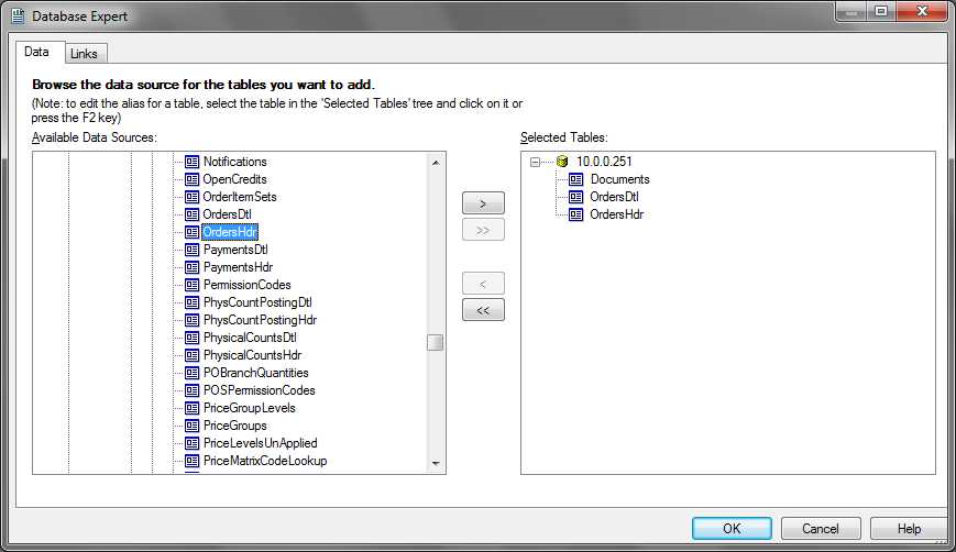 Crystal Reports: Database Expert - Choosing Tables