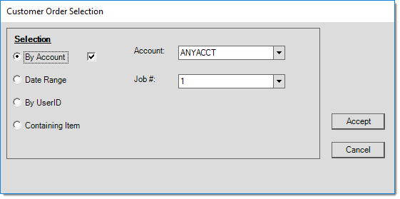 Customer Order Selection: By Account