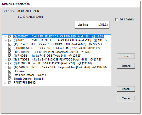 Manufacturing: Material List Selection