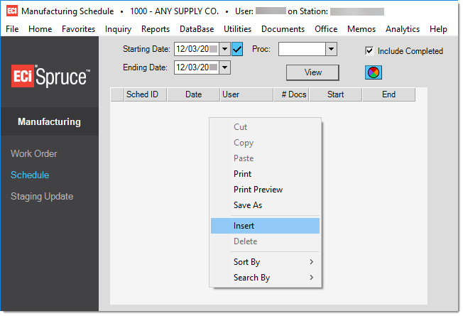 Main Menu > Manufacturing > Schedule, Summary (F6)