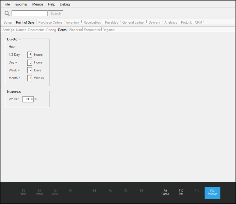 Main Menu > Maintenance > Database > Parameters > Setup, Rental