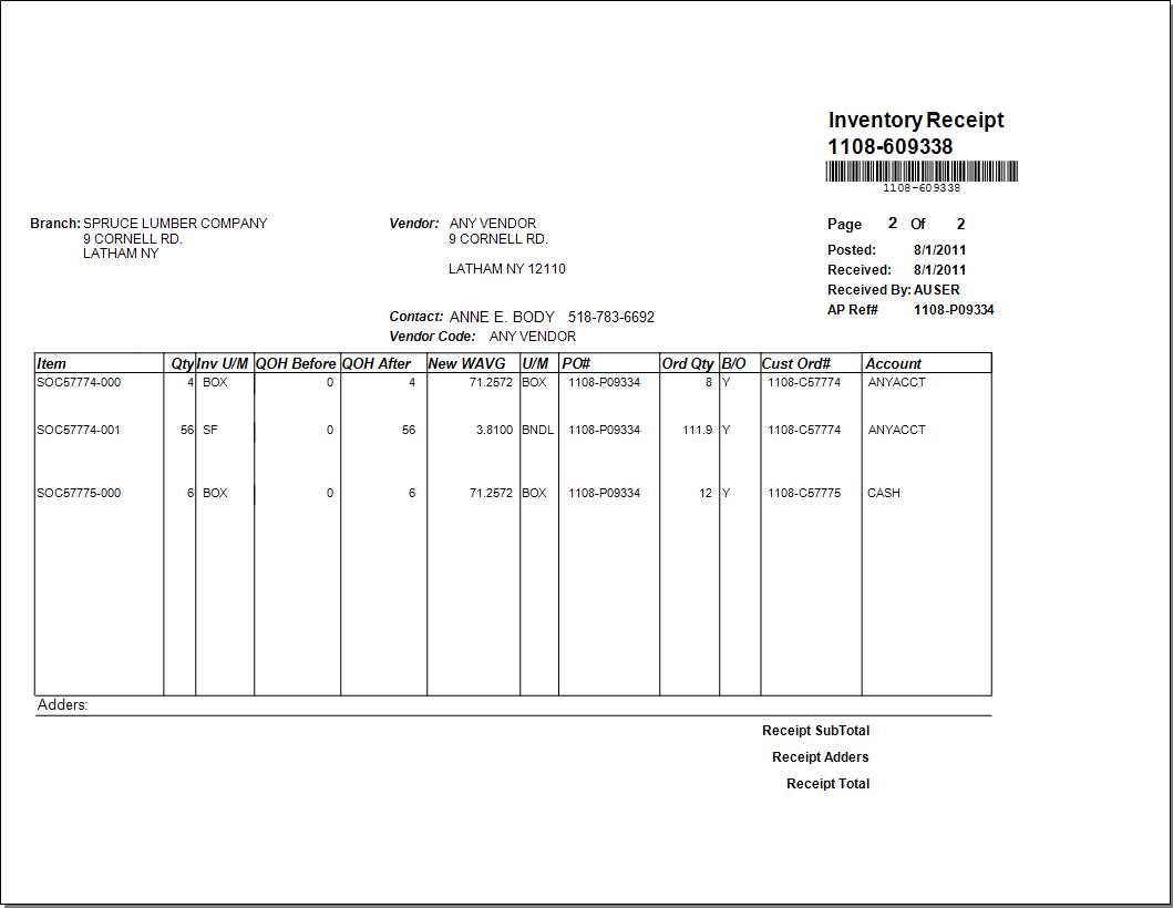 Inventory Receipt Document: Additional Info Page