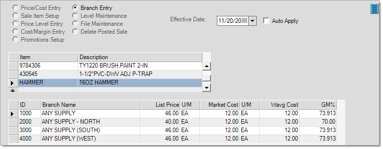 Price Updates: Branch Entry