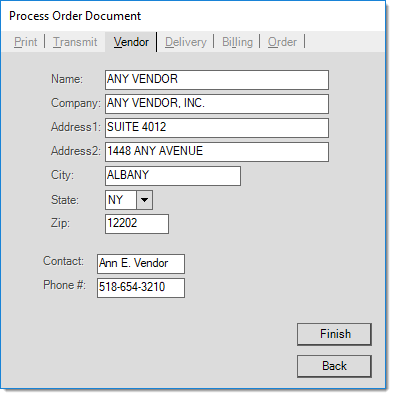 Process Order Document: Vendor Tab