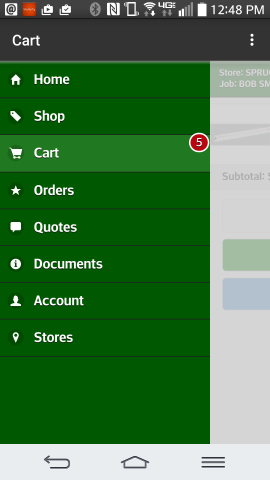 Menu Showing Cart with Items