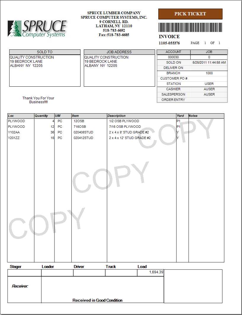 Point of Sale Invoice - Pick Ticket Style