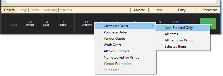 Main Menu > Purchasing > Order Entry > Ordering {F5} Function