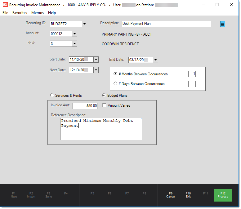 Main Menu > Receivables > Database > Recurring Invoice