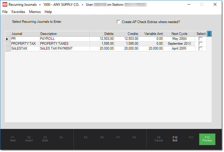 Main Menu > General Ledger > Utilities > Copy Recurring Journals