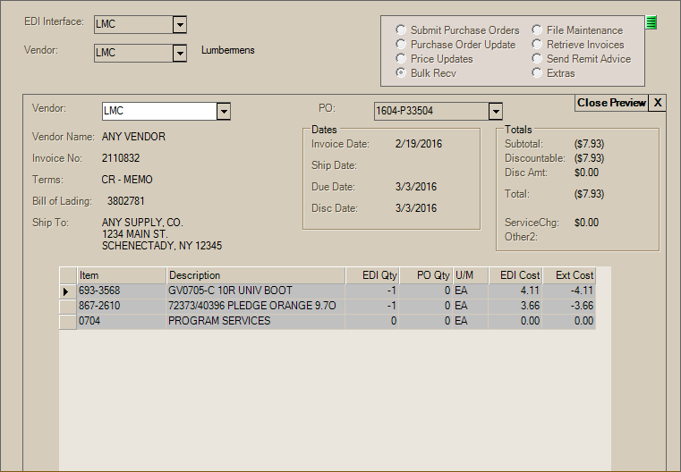 Main Menu > Purchasing > Vendor EDI