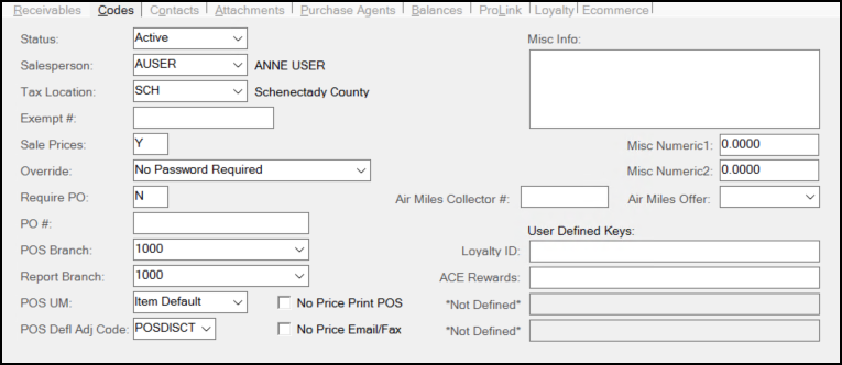 Main Menu > Point of Sale or Receivables > Database > Account, Codes Main Menu > Point of Sale or Receivables > Database > Account, Codes