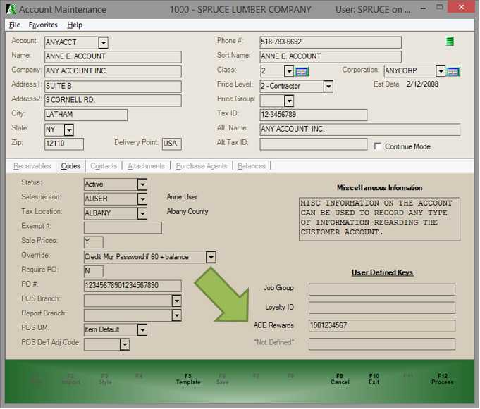 Main Menu > Point of Sale (or Receivables) > Database > Account, Codes Tab