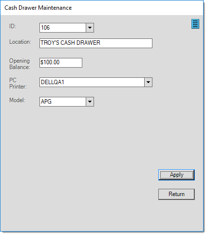 Main Menu > Maintenance > Database > Devices, Station, Cash Drawer Maintenance (Icon)