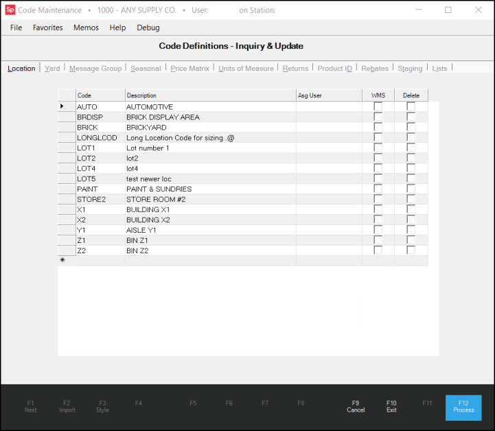 Main Menu > Inventory > Database > Code Definitions