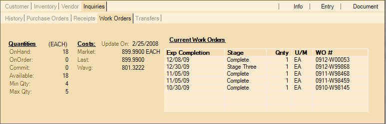 Point of Sale Folders: Inquiries, Work Orders Tab