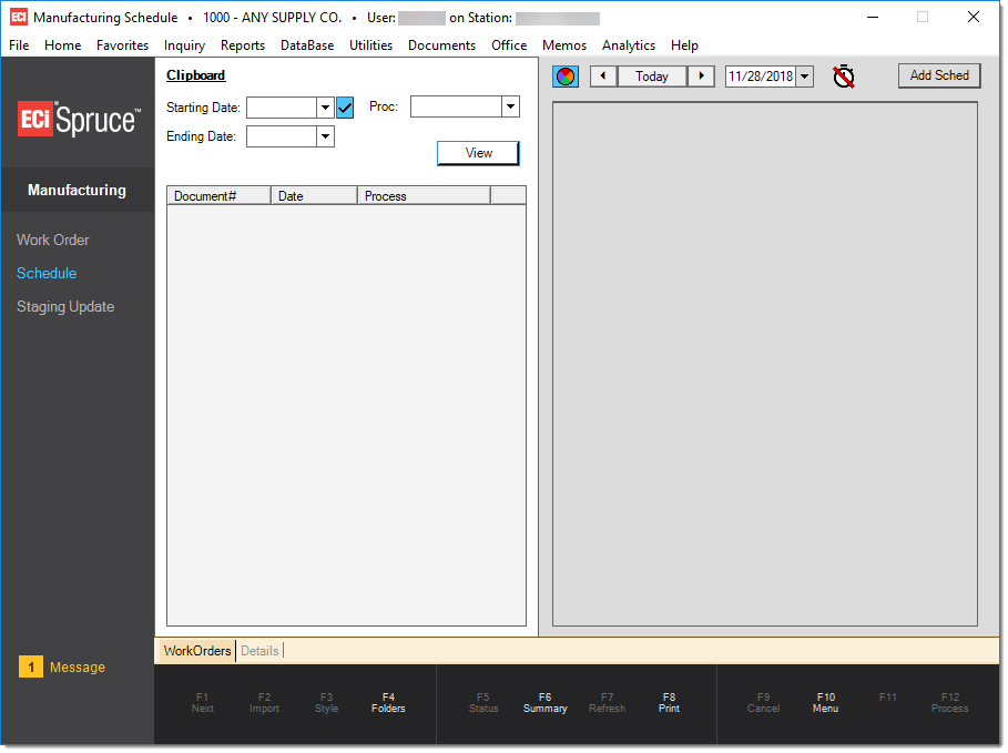 Main Menu > Manufacturing > Schedule