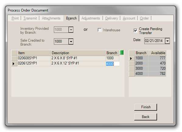 Process (F12) Order, Branch Tab, Pending Transfer Feature