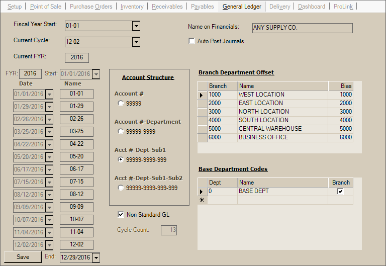 Main Menu > Maintenance > Database > Parameters, General Ledger