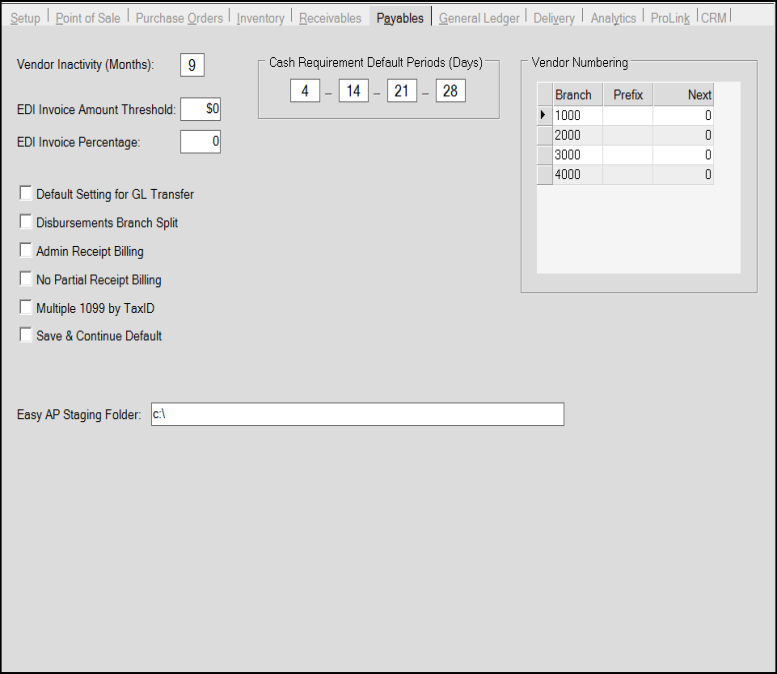 Main Menu > Maintenance > Database > Parameters, Payables