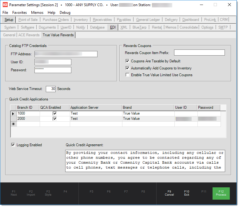 Main Menu > Maintenance > Database > Parameters, Setup, EDI, True Value Rewards