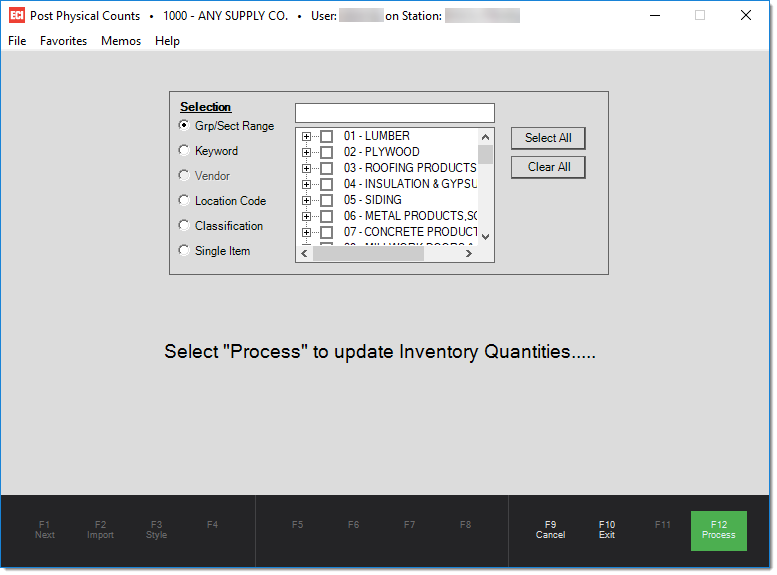 Main Menu > Inventory > Utilities > Updates > Post Physical Counts