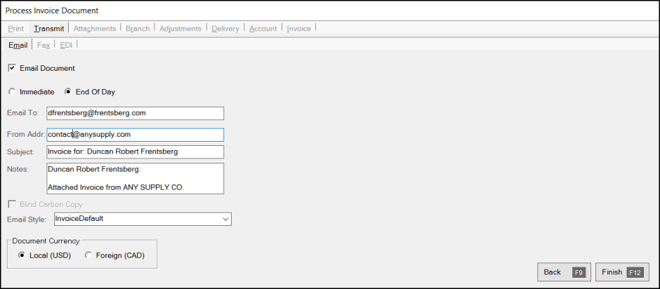 Main Menu > Point of Sale > Sales > Process (F12), Transmit, Email {TAB}