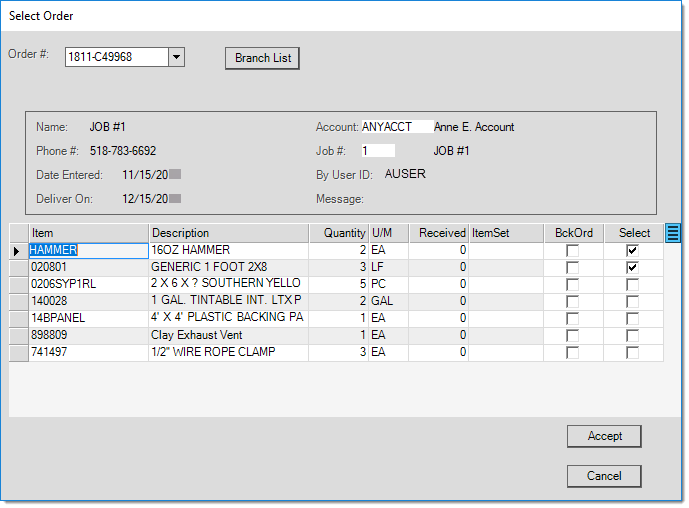 Main Menu > Purchasing > Order Entry > Ordering {F5}, Customer Order > Selected Items