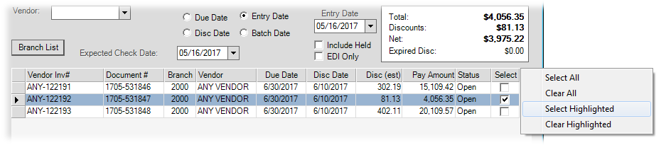 Main Menu > Payables > Schedule Payments