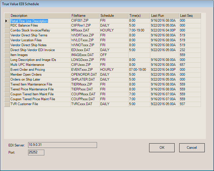 Main Menu > Maintenance > Database > Branches > Branch Setup, EDI, True Value Schedule (Context Menu)