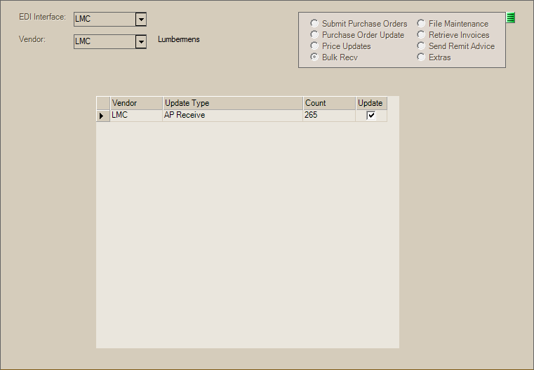 Main Menu > Purchasing > Vendor EDI, Bulk Recv
