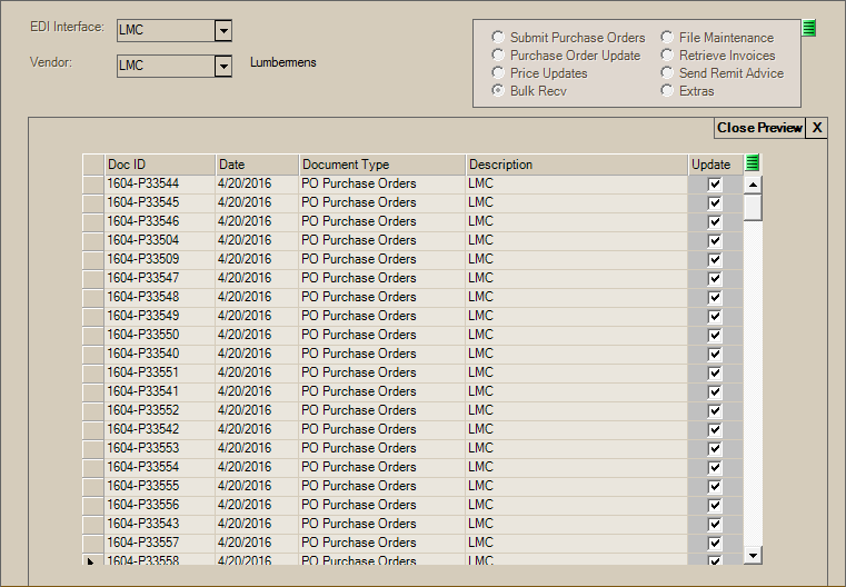 Main Menu > Purchasing > Vendor EDI, Bulk Recv