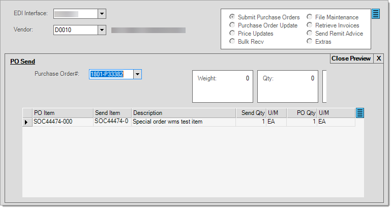 Main Menu > Purchasing > Vendor EDI, Submit Purchase Order, Double Click on Data Row