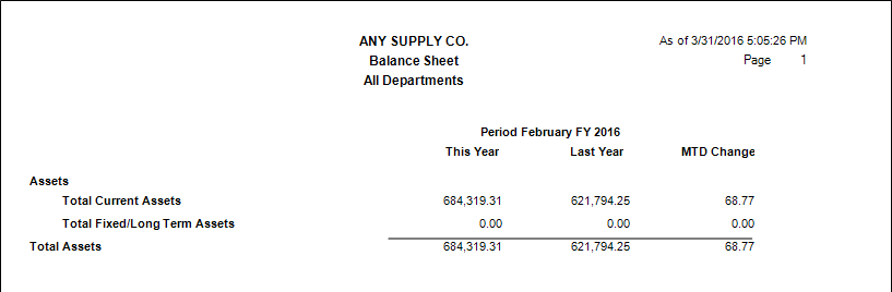 Main Menu > General Ledger > Reports > Balance Sheet