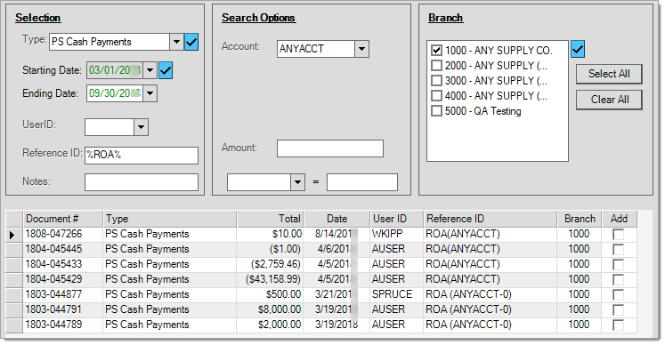 Document Selection for Received on Account (ROA) Payments