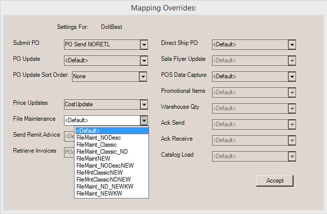 Main Menu > Maintenance > Database > Branches > EDI Tab, Menu Marker: Mapping Overrides