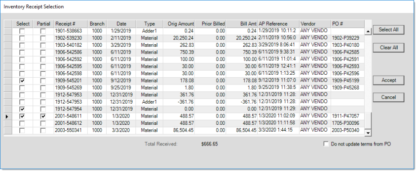 Main Menu > Payables > Billing Entry, Receipts (F5)