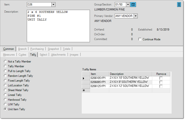 Main Menu > Inventory > Database > Item, Common, Tally