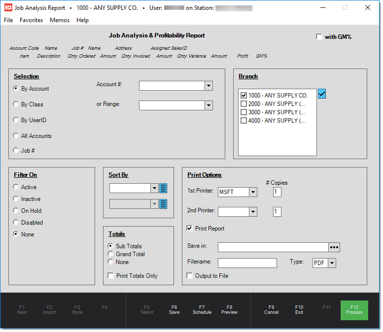 Main Menu > Point of Sale > Reports > Management > Job Analysis