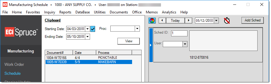 Main Menu > Manufacturing > Schedule