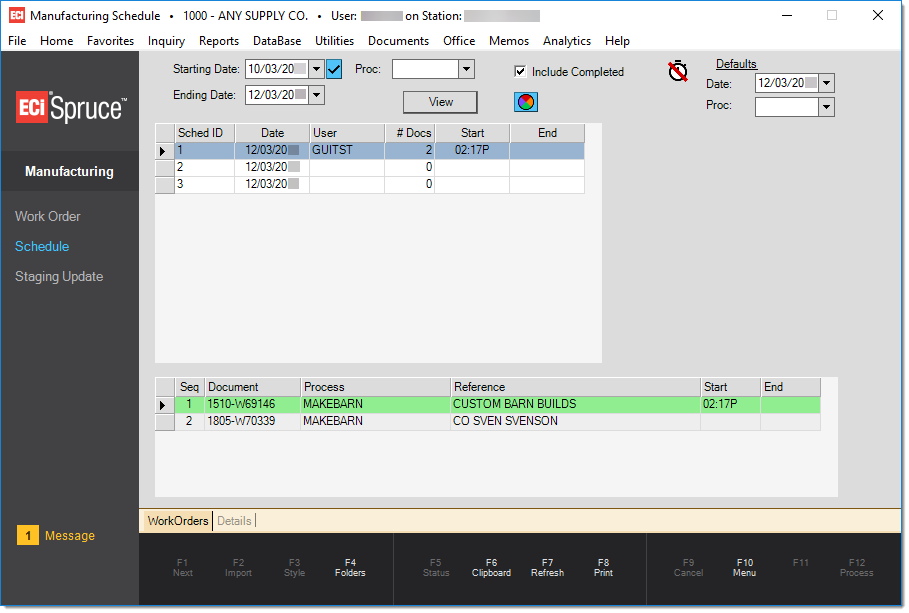 Main Menu > Manufacturing > Schedule, Summary (F6) Function