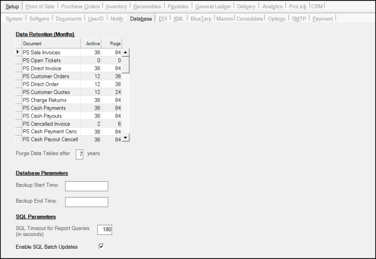 Main Menu > Maintenance > Database > Parameters, Setup, Database Tab