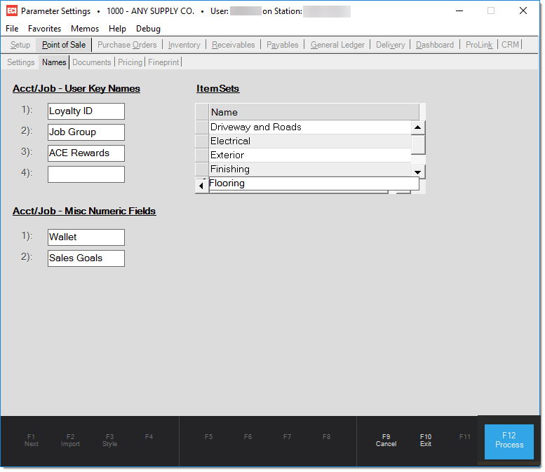 Main Menu > Maintenance > Database > Parameters, Point of Sale, Names